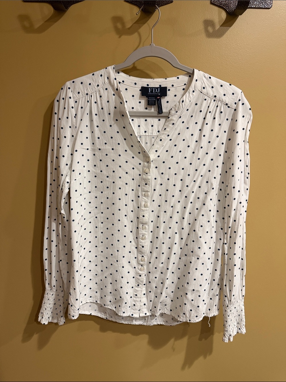 FDJ White Long-Sleeve Polka Dot Button Front Blouse